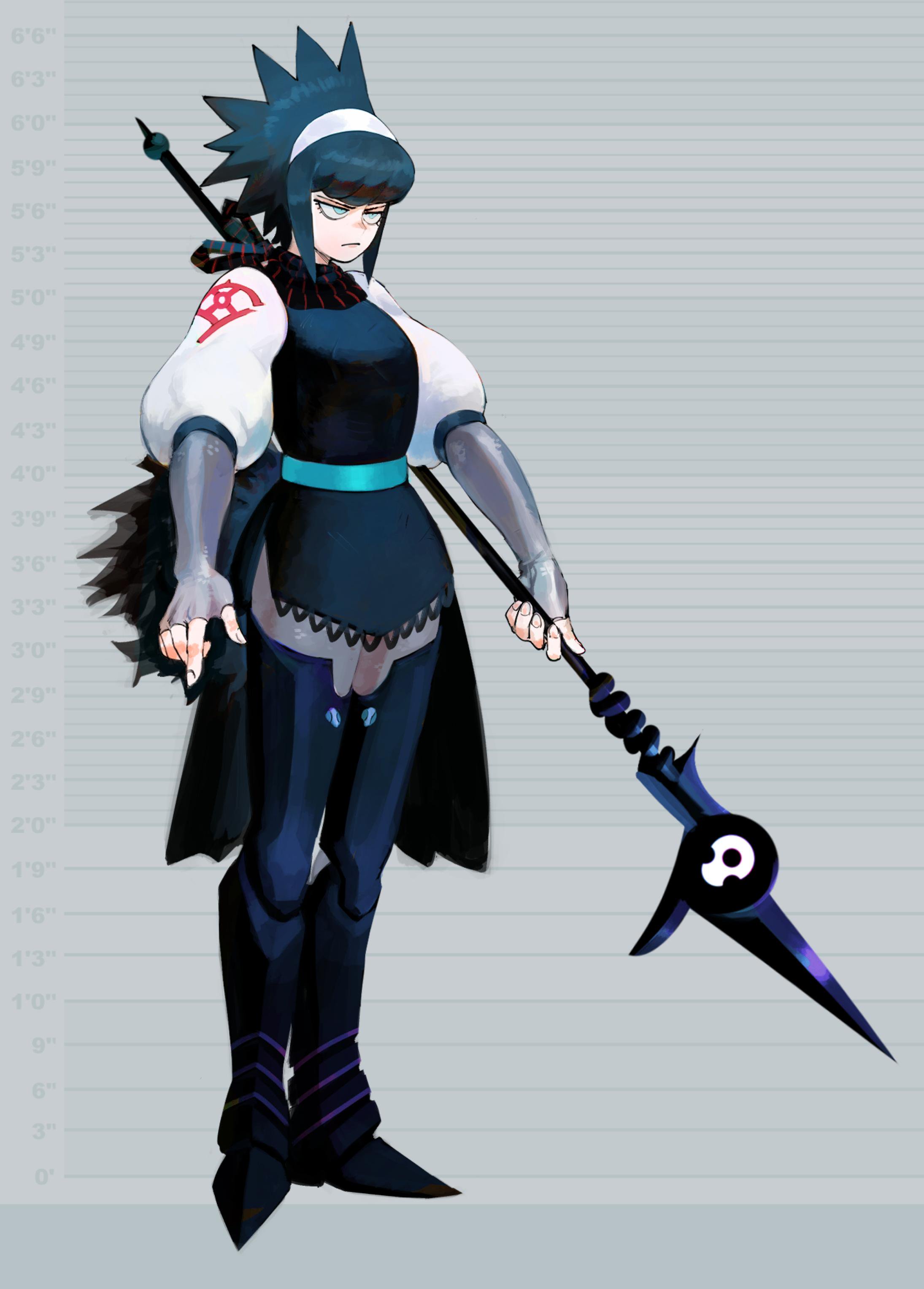 a digital illustration of an anime girl character standing in a pose with a weapon.  she is holding a spear with both hands and is looking forward. the background is a grid with height measurement marks.  she is wearing black, blue, and white clothing with a dark, sharp, and futuristic looking spear.