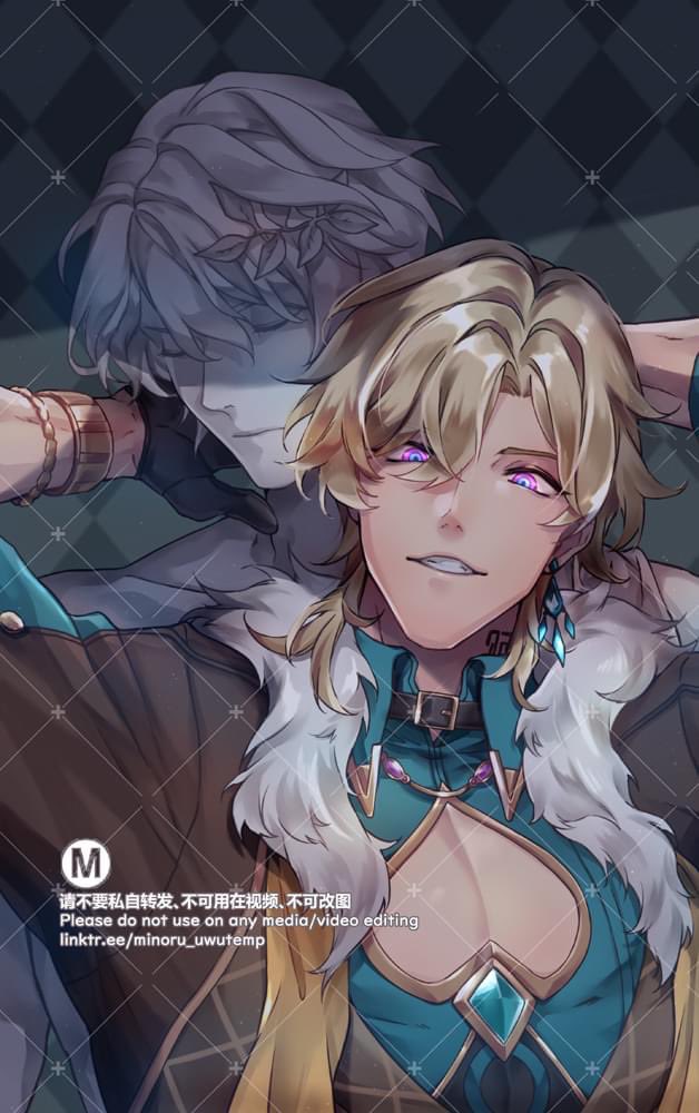this is an animestyle portrait of a  male character with blonde hair and purple eyes.  he is wearing a collar with fur and jewelry. the character is smiling with his eyes closed. the background is a blurry, dark, geometric pattern.