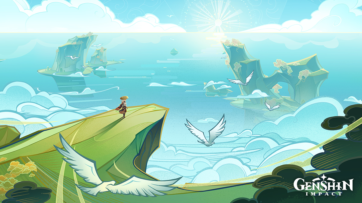 the image is from the game genshin impact. it depicts a serene landscape with a character standing on a cliff overlooking a vast blue sea. the sky is filled with fluffy white clouds and the sun shines brightly in the distance. there are several islands in the sea, all of which are covered in lush green vegetation. birds fly freely in the sky, creating a sense of peace and tranquility. the image captures the whimsical and adventurous nature of genshin impact, inviting players to explore its vast and beautiful world.