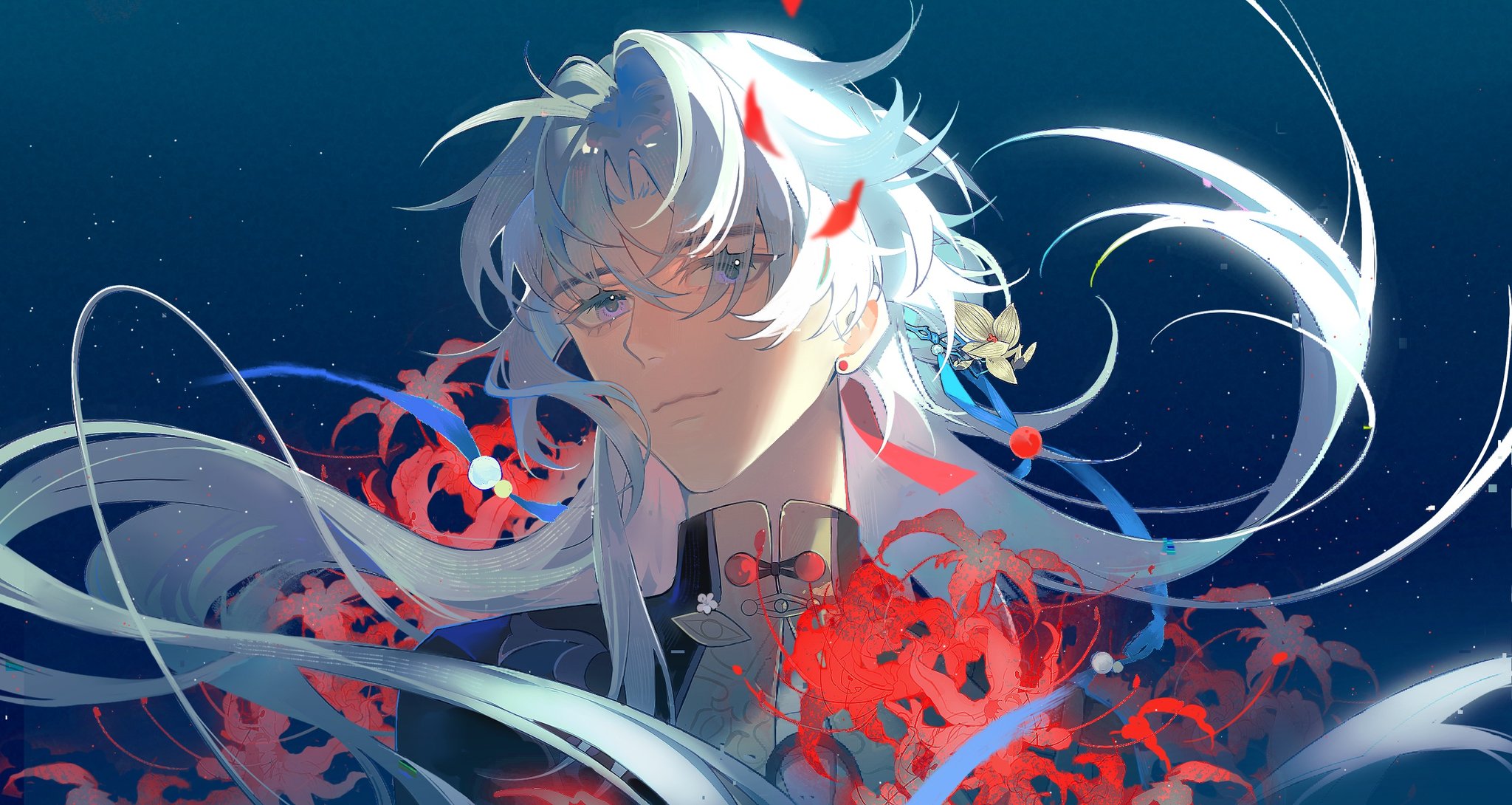 a male anime character with long, white hair blowing in the wind. he has blue eyes and a red earring. he is wearing a kimono with a floral pattern and standing in a field of red flowers. the background is blue and the flowers are red.  the image is stylized and has a dreamy quality.
