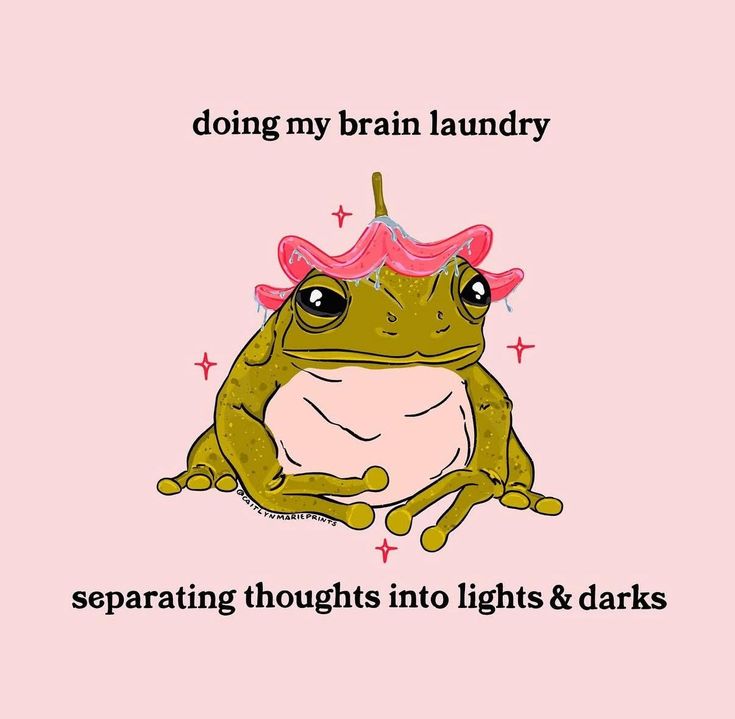 a cartoon illustration on a pink background features a green and yellow toad with a pink flower hat. the toad has a light pink underbelly and a serious expression. above the toad, the text reads "doing my brain laundry". below the toad, the text reads "separating thoughts into lights & darks". small pink stars are scattered around the image.