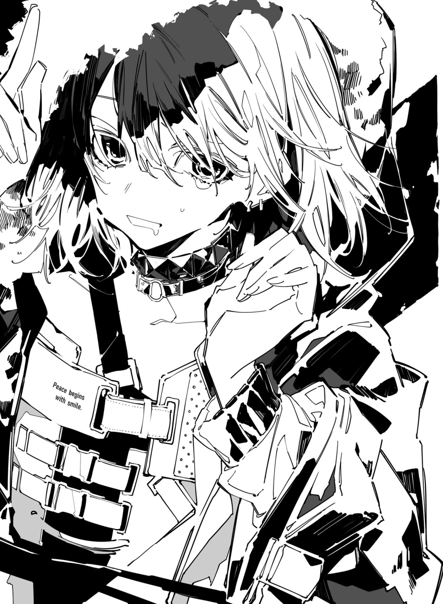 the image shows an anime or manga style drawing of a character with split hair, half black and half white. the character is wearing an edgy outfit consisting of a choker and a vest with the phrase "peace begins with smile" on it. the drawing is in black and white.