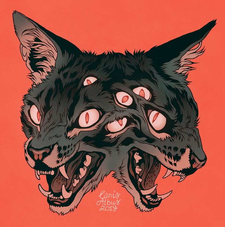 an illustration shows a twoheaded catlike creature with multiple eyes on a solid orange background. the creature is snarling, baring its fangs and teeth. the artwork is signed "canis albus 2019".