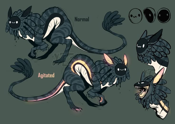 the image shows a design sheet for a mythical creature. there are two fullbody depictions of the creature, labeled "normal" and "agitated." the "normal" creature has a black and gray striped body, a fluffy mane, a long tail with a tufted end, and a black masklike face with a simple "uwu" mouth. the "agitated" creature is similar but has glowing pink ears, a glowing pink stripe on its tail, and a glowing yellow stripe on its back. there are also two closeup headshots of the creature, one with the "uwu" mouth and the other with its mouth open, revealing sharp teeth. a set of eyes ranging from normal to angry are located in the top right of the image. the background is a plain gray.