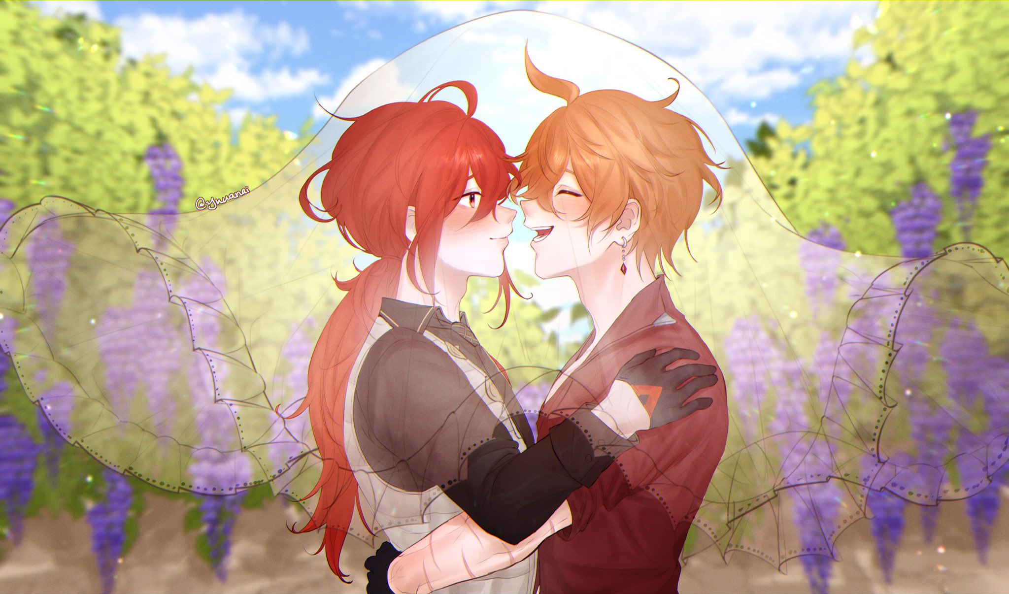 the image shows a couple, a man with long red hair and a man with orange hair, standing close to each other and smiling. they appear to be in a garden, surrounded by flowers, and the man with the orange hair is wearing a veil. the couple is expressing their affection for each other. the image is drawn in a cartoon style and conveys a sense of joy and love.