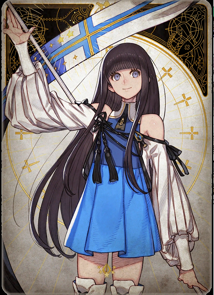 a young anime girl stands against a textured backdrop, smiling gently. she holds aloft a stylized finnish flag, its blue cross vibrant against the white field. her outfit echoes the flag's colors: a blue and white dress with a navy sash bearing a golden emblem. her long, dark hair cascades down her back, accentuating the youthful charm of her appearance. the overall impression is one of national pride and youthful innocence.