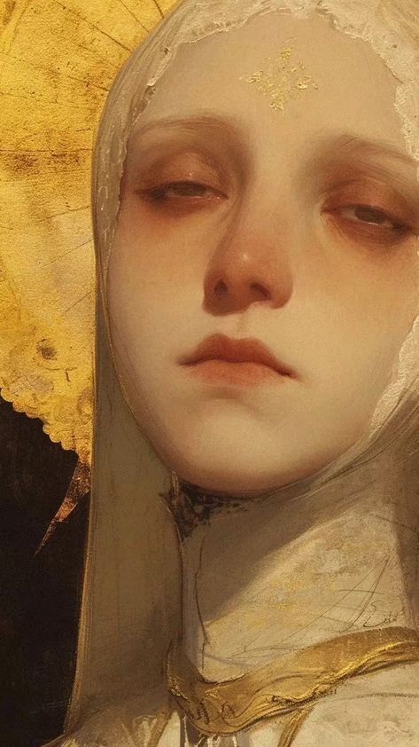 the image is a detailed closeup portrait of a woman, possibly depicting a saint or religious figure.  she is wearing a white veil or head covering that partially obscures her hair. a golden halo is visible behind her head. her expression is serene and peaceful, with downcast eyes.  the style of the painting is reminiscent of classical or renaissance art, with soft lighting and muted colors.  the level of detail and realism is high, possibly indicating digital painting or a very skilled artist.  the overall tone is spiritual and ethereal.  a gold ornate garment is visible at the base of her neck.