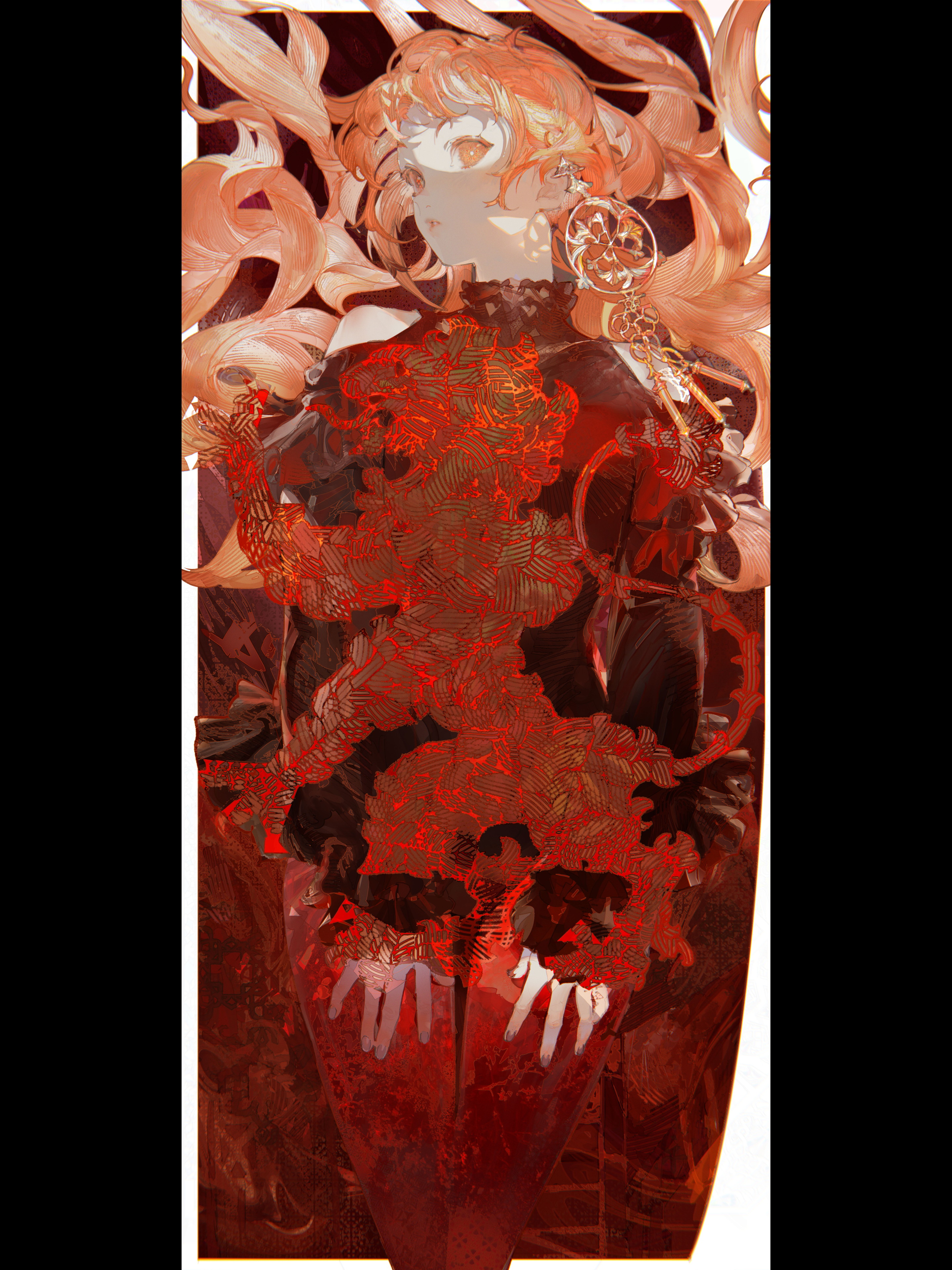 the image is a digital painting or illustration of a stylized female anime or fantasy character. she has long, flowing orangered hair and is wearing an elaborate dark dress adorned with a prominent lionlike motif in shades of fiery red and gold.  the art style is painterly and textured, with a combination of abstract and representational elements. the overall color palette is dominated by rich reds and golds, creating a dramatic and somewhat mysterious atmosphere.  her expression is somewhat serene yet enigmatic. the background is largely dark and undefined, focusing attention on the character.  the artwork appears to be highly artistic and expressive.