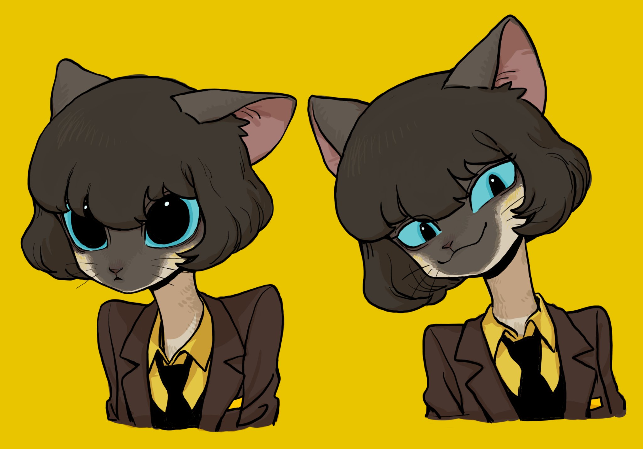 two anthropomorphic cats are drawn in a cartoon anime style. they both have large blue eyes, brown fur, and are wearing brown suits with black ties. the cat on the left is looking at the viewer with a neutral expression while the cat on the right is looking towards the cat on the left and has a smirk on its face. the background is solid yellow.