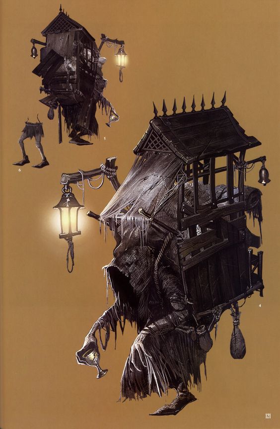 this haunting illustration showcases a creature design from a dark fantasy world. resembling a dilapidated shack walking on spindly legs, the creature is shrouded in shadow, its true form obscured by darkness and tattered cloth. a single glowing lantern hangs from its "roof," casting a dim, eerie light that accentuates the unsettling nature of the design.  the creature's "head" is concealed within the shack's interior, while a long, skeletal hand emerges from beneath, clutching a small, glowing object. the overall aesthetic is one of decay, mystery, and a palpable sense of dread.