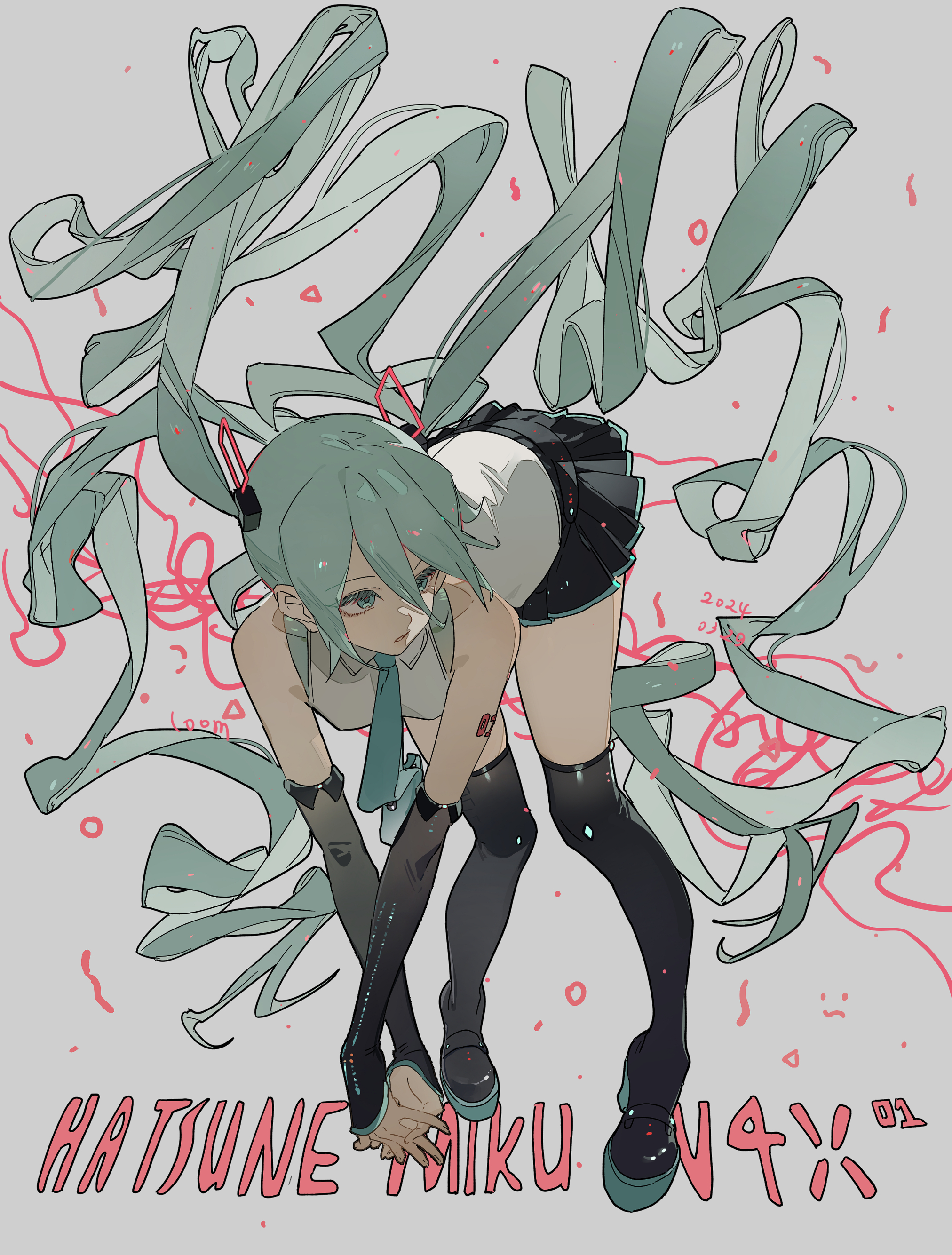the image is a stylized digital illustration or fanart of hatsune miku, a popular japanese vocaloid character.  miku is depicted in a dynamic pose, her long, teal twintails flowing around her like ribbons in an abstract and energetic manner. her outfit consists of a short black skirt, a white top, and black tights and gloves. the background features swirling lines and pink splashes, adding to the overall dynamic and abstract feel. the style is reminiscent of modern anime and manga, with a blend of clean lines and textured shading. the "hatsune miku" text and the numbers "2022 01" appear at the bottom, likely indicating the year and perhaps a project number or edition. the overall impression is one of movement and vibrant energy.