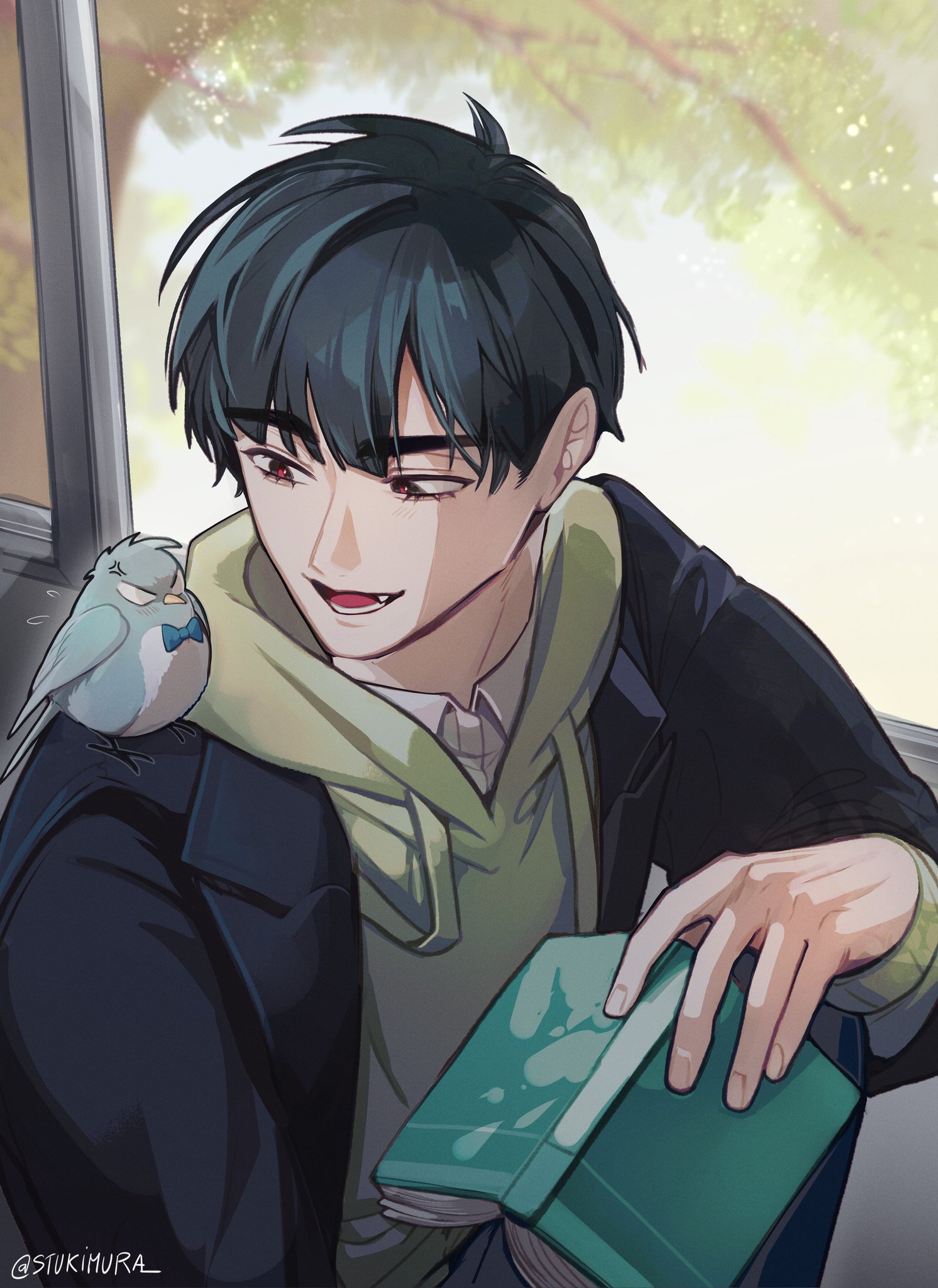 a young anime boy with dark blue hair is sitting, looking to the right side with a happy smile. he has a blue bird sitting on his shoulder with a bowtie. he's wearing a green hoodie under a black jacket and holding a green book. the background is blurry and depicts a green tree. this is a digital art piece, showing an anime character in a casual style.