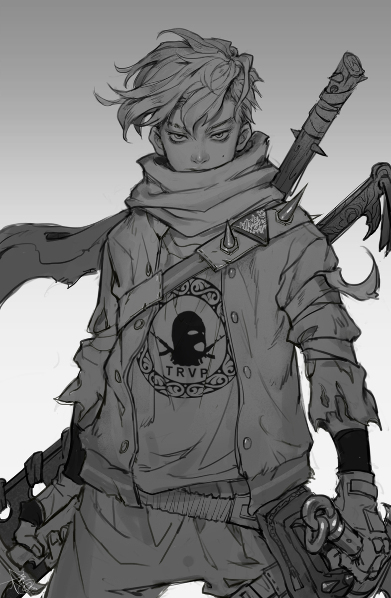 this is a monochrome sketch of a young male anime character. he's wearing a jacket with a skull and crossbones design on the chest. the character also has a sword, gun, and helmet.