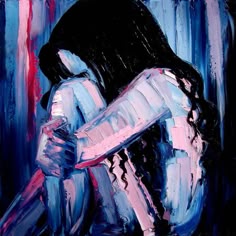 this abstract painting depicts a woman in a sorrowful pose, her face obscured by her long dark hair.  she is holding herself tightly, conveying a sense of sadness and isolation. the brushstrokes are expressive and bold, creating a textured surface that adds to the painting's emotional impact. the use of blue, pink, purple, black, and white colors further enhances the mood of the artwork.