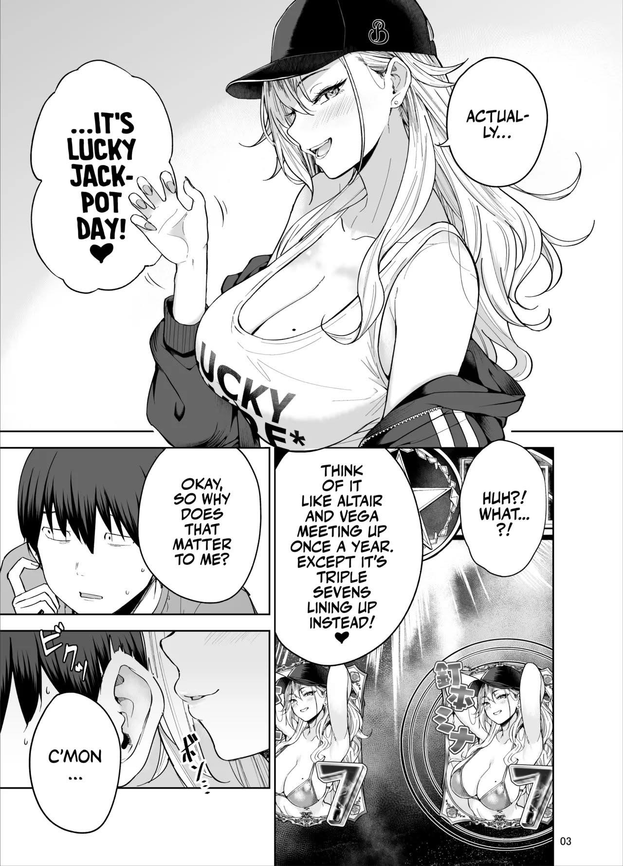 the image is a manga panel featuring a woman in a hat and a tank top that says "lucky", with speech bubbles indicating she's suggesting to the man that today is their lucky jackpot day. the man is shown in a panel seemingly uninterested or questioning why it matters to him. the panel also includes imagery of a slot machine with triple sevens and a woman's image, possibly implying a play on words or metaphor related to gambling and attraction.