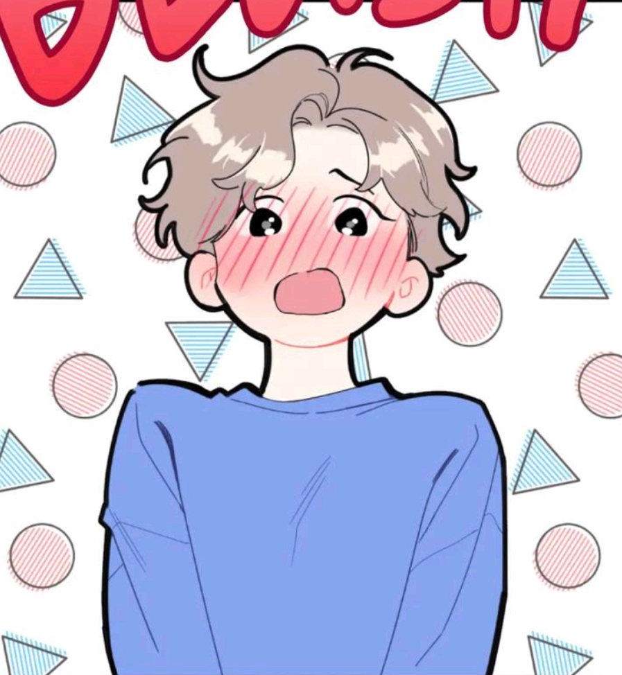 a cartoon image of a surprised boy with rosy cheeks. he has lightcolored, wavy hair and is wearing a blue shirt. his mouth is open in a surprised expression, and he is heavily blushing. the background consists of triangles and circles in various colors, and there are red shapes at the top of the image. the style is reminiscent of a comic strip or manga panel.
