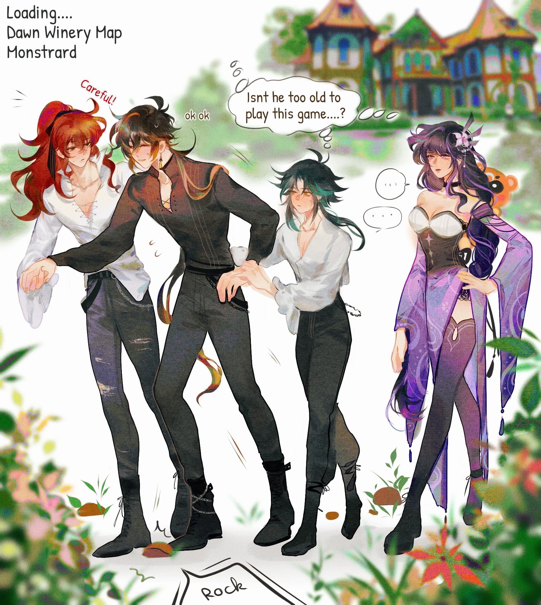 he image is a digital fanart depicting four genshin impact characters – albedo, arataki itto, klee and raiden shogun – engaging in a game of rockpaperscissors in front of the dawn winery in mondstadt.  the art style is animeinfluenced with a focus on vibrant colors and detailed character designs. the characters are expressively posed and interacting with one another, showing a sense of playfulness and friendship.  the background includes the dawn winery building and lush foliage.  text bubbles indicate dialogue between the characters, hinting at a lighthearted and humorous scene. the overall atmosphere is bright, cheerful, and fun.