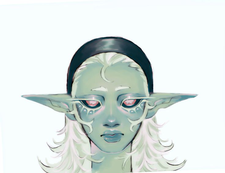 the image is a digital painting or illustration of a female elf. she has long, lightcolored hair, pale green skin, and pointed ears characteristic of elves in fantasy settings.  she's wearing a dark headband and has a serene, almost melancholic expression.  the overall style is soft and ethereal, with pastel colors dominating the palette. the lighting is gentle and diffused, giving the artwork a dreamlike quality. the details are delicate, particularly in the rendering of the elf's features and hair. the background is a simple, light, almost blank space, which focuses the viewer's attention entirely on the elf.