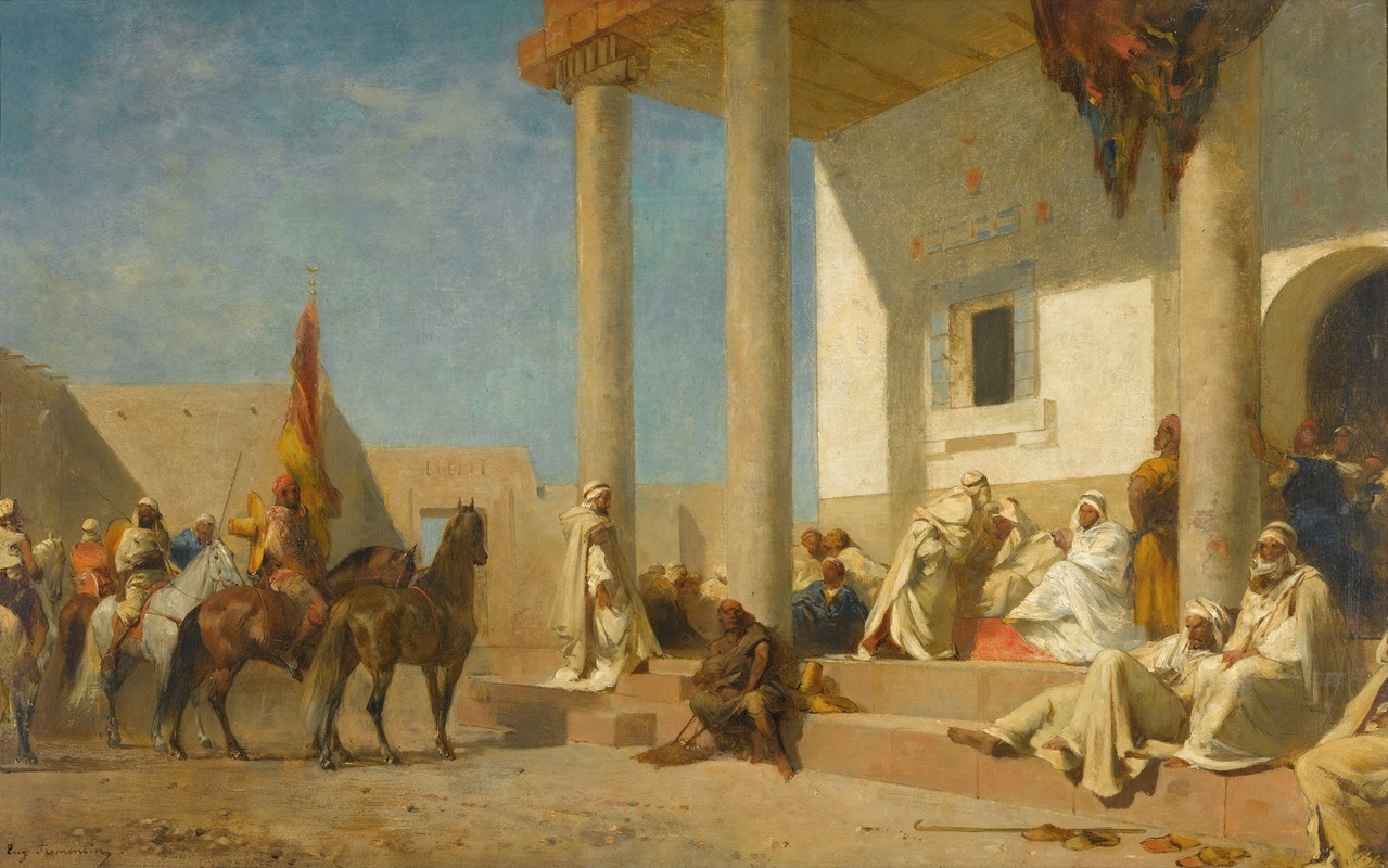 the painting depicts a scene with a group of arab men gathered in front of a white building with columns. some men are sitting or standing on the steps of the building, while others are on horseback. a flag is displayed in the background. the scene is illuminated by sunlight, casting shadows across the ground. the painting is an example of orientalism, and the men are wearing traditional arab clothing.