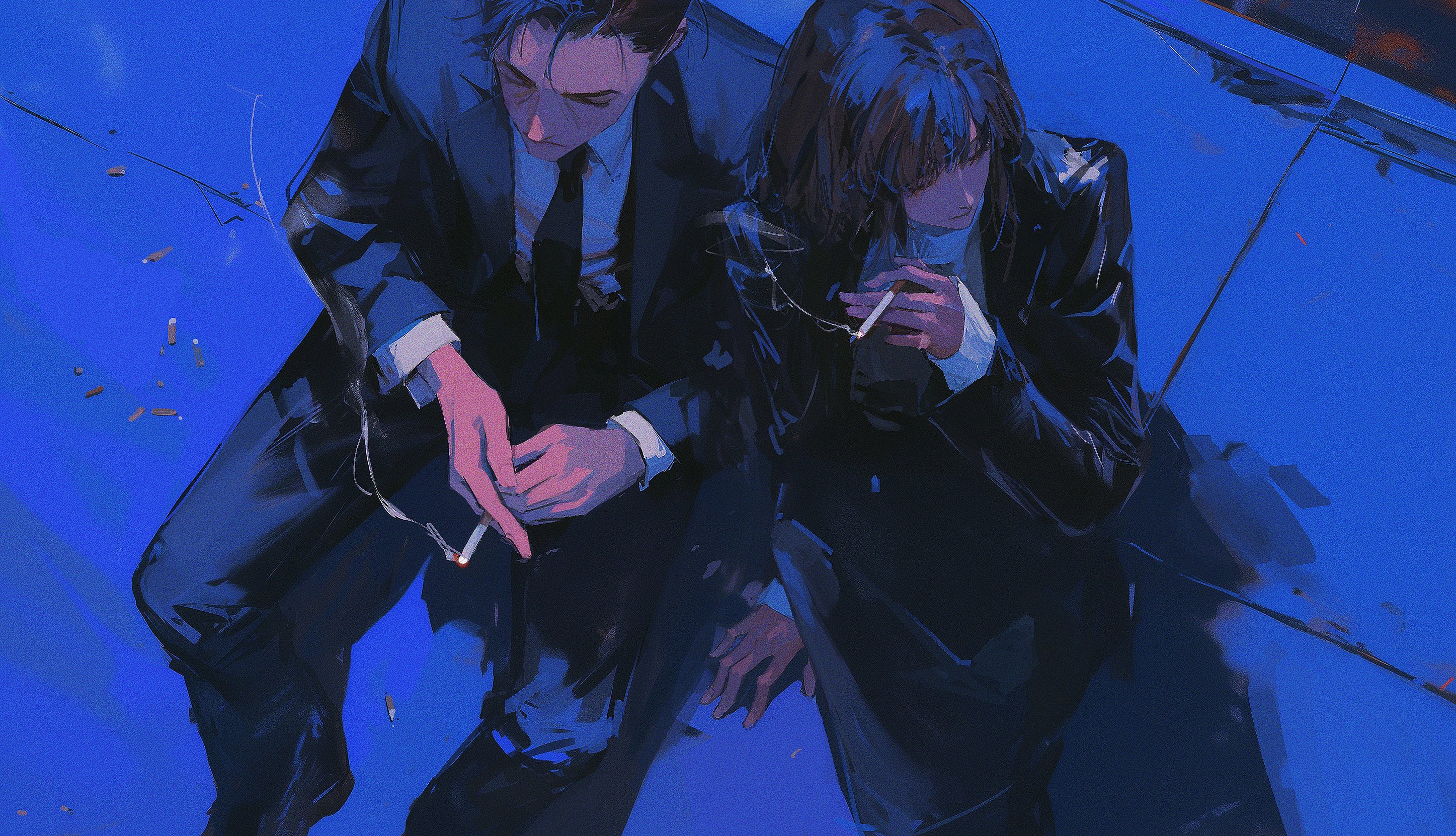 two figures, a man and a woman, both dressed in dark suits, are captured from a high angle, perched on a rooftop bathed in cool blue light. they are smoking cigarettes, their faces partially obscured by the shadows. the scene evokes a sense of urban loneliness and has a cinematic, almost film noir quality.