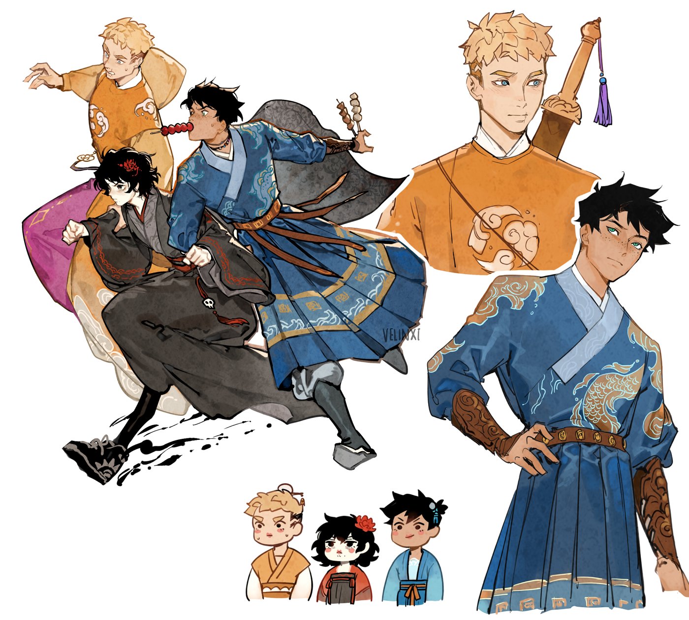 the image shows a drawing of various characters wearing chinese clothes. the image includes two full body characters in action poses, along with individual portraits and small cartoon depictions.