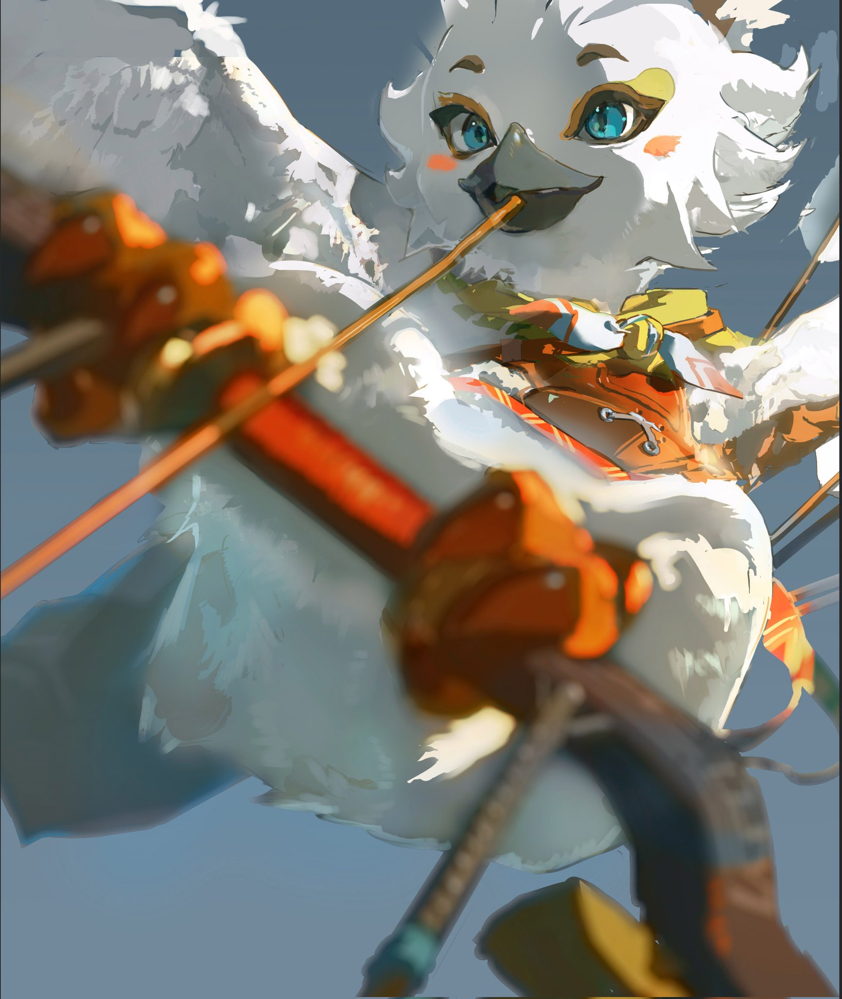 a closeup, lowangle portrait of a white, fluffy birdlike creature with large, expressive eyes. it's wearing a colorful scarf and holding a bow and arrow, its wings outstretched, suggesting it's in midflight. the background is a soft blue sky with clouds. the art style is whimsical and cartoonlike.