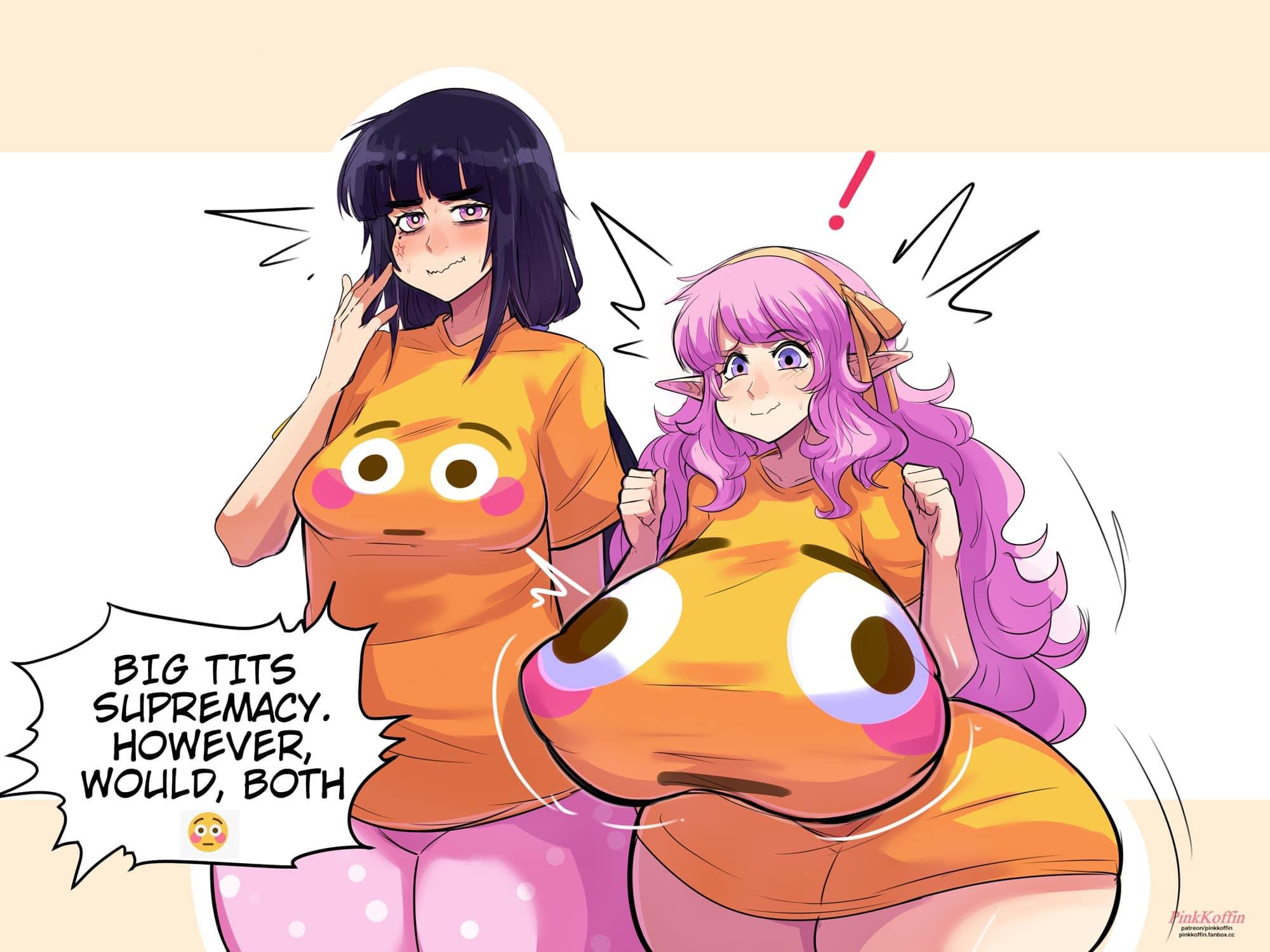 the image features two anime girls wearing yellow shirts with a cartoon emoji printed on them. the girl on the left has black hair and is smiling while the girl on the right has pink hair and is shocked. the girl on the right is so surprised her chest has grown larger and is pushing her shirt out. the text above says "