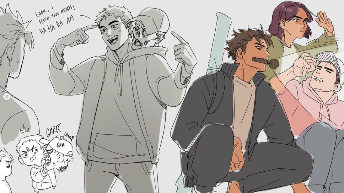 this image is a digital illustration of what looks like a set of character designs. they're drawn in a sketchy style, with some elements more defined than others. there are four men and one woman; one man has a hand up to his chin, looking away from the viewer. another is posing with a skull photoshopped on his hand. the woman is standing behind him, arms crossed and looking unimpressed, and the other two men are sitting, one singing karaoke and the other looking annoyed. there are a few smaller sketches of faces, including a chibistyle version of the man with the skull.
