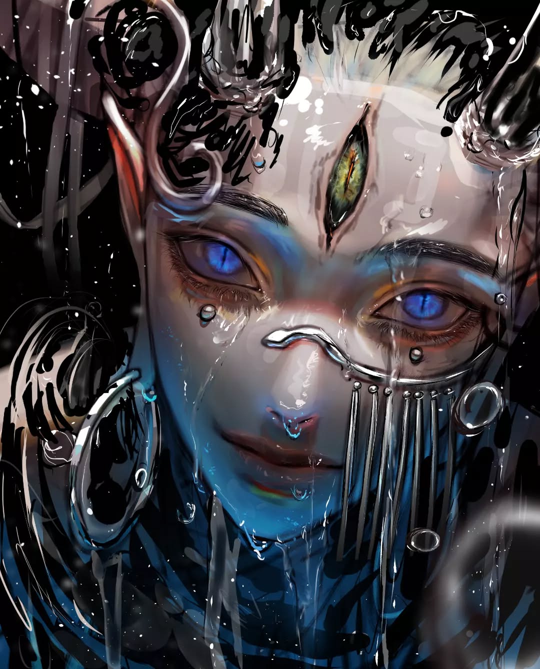 a closeup digital painting of a fantasy creature, possibly alien or otherworldly in nature. the creature has pale skin, large blue eyes, and a third eye in the center of its forehead.  it's adorned with ornate, metallic jewelry and what appears to be horns or head adornments. water drips from its face and body, giving the image a wet, ethereal look. the overall style is dark, mysterious, and surreal. the background is mostly dark and abstract, with hints of swirling patterns. the creature's expression is ambiguous, neither happy nor sad, leaving the viewer to interpret its emotions. the image is highly detailed and showcases impressive digital painting skills.