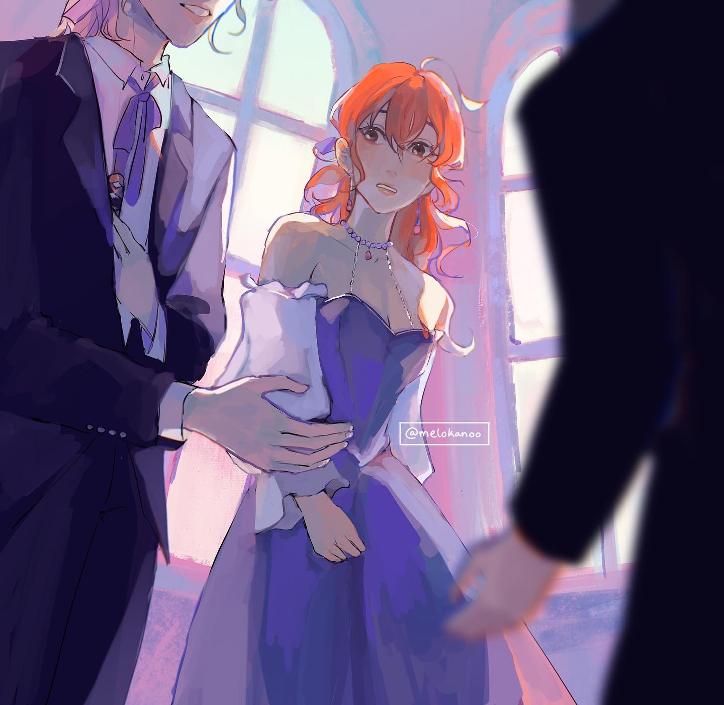 the digital painting shows a romantic scene between a young man and woman. the woman, with vibrant orange hair, is elegantly dressed in a flowing purple ball gown. she is standing somewhat shyly, arms slightly crossed.  a young man in a dark suit has his hand gently resting on her waist.  another figure, only partially visible, is seen in the background, possibly another person observing the scene. the setting appears to be indoors, near a large window that lets in soft, pasteltoned light, enhancing the romantic atmosphere. the overall style is soft and dreamy, with loose brushstrokes that give a painterly feel. the artist's signature "@melokanoo" is subtly placed in the image.