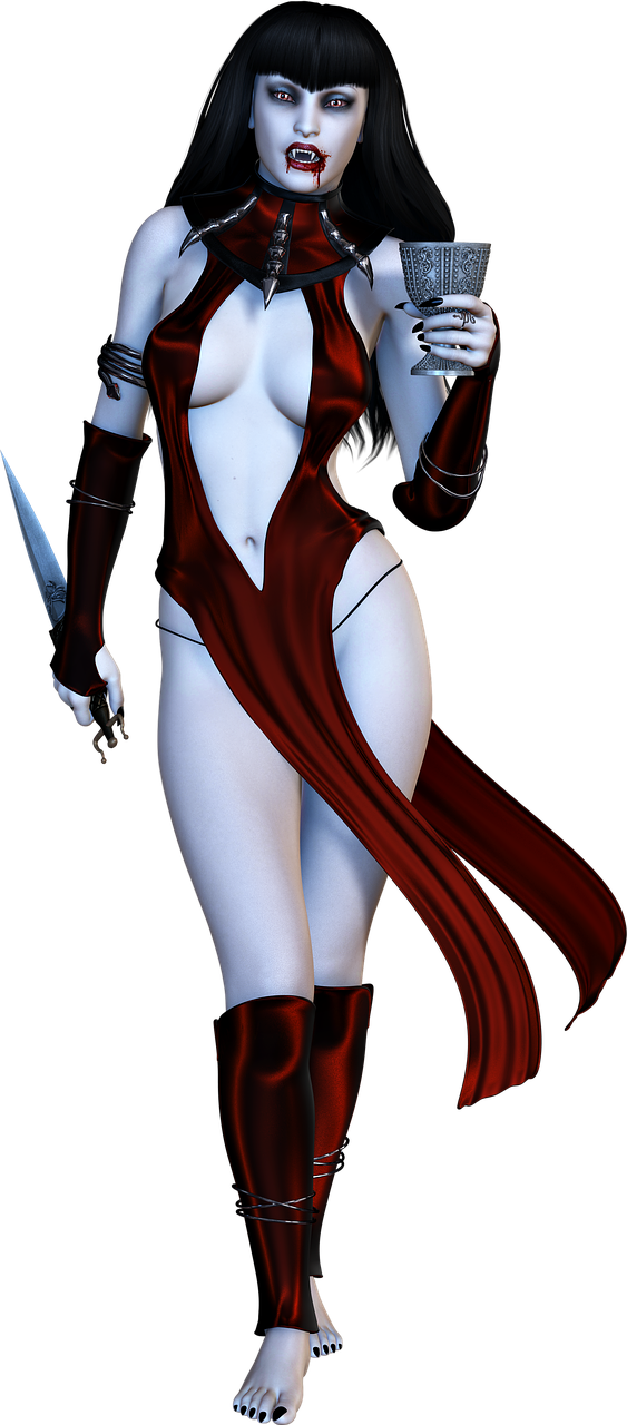 a fulllength digital art image depicts a female vampire with pale skin, dark hair, and prominent fangs, wearing a red, revealing dress. she holds a goblet in her left hand and a knife in her right. the background is black.