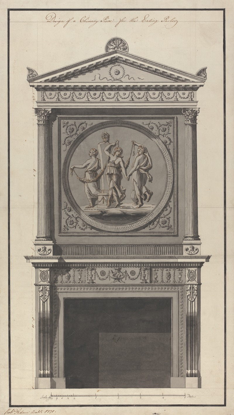 a design drawing for a chimneypiece or fireplace featuring classical architectural elements such as columns, a pediment, and decorative relief panels. the drawing is likely a design for a building project, indicated by the architectural features, ornamental details, and presence of a scale along the bottom. the central feature is a relief panel depicting figures in a classical style, encircled by a decorative border. the overall style suggests it could be from the late 18th or early 19th century.