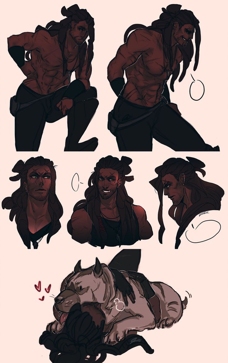 this is a digital art piece that depicts a man in various poses, with various emotions on his face. the character is muscular and has long dreadlocks. he's smiling, laughing, and looking serious in different frames. there is also a dog, in the final frame, that is licking the character's face. there is a heart shape over the dog's mouth, implying that the dog loves the man.