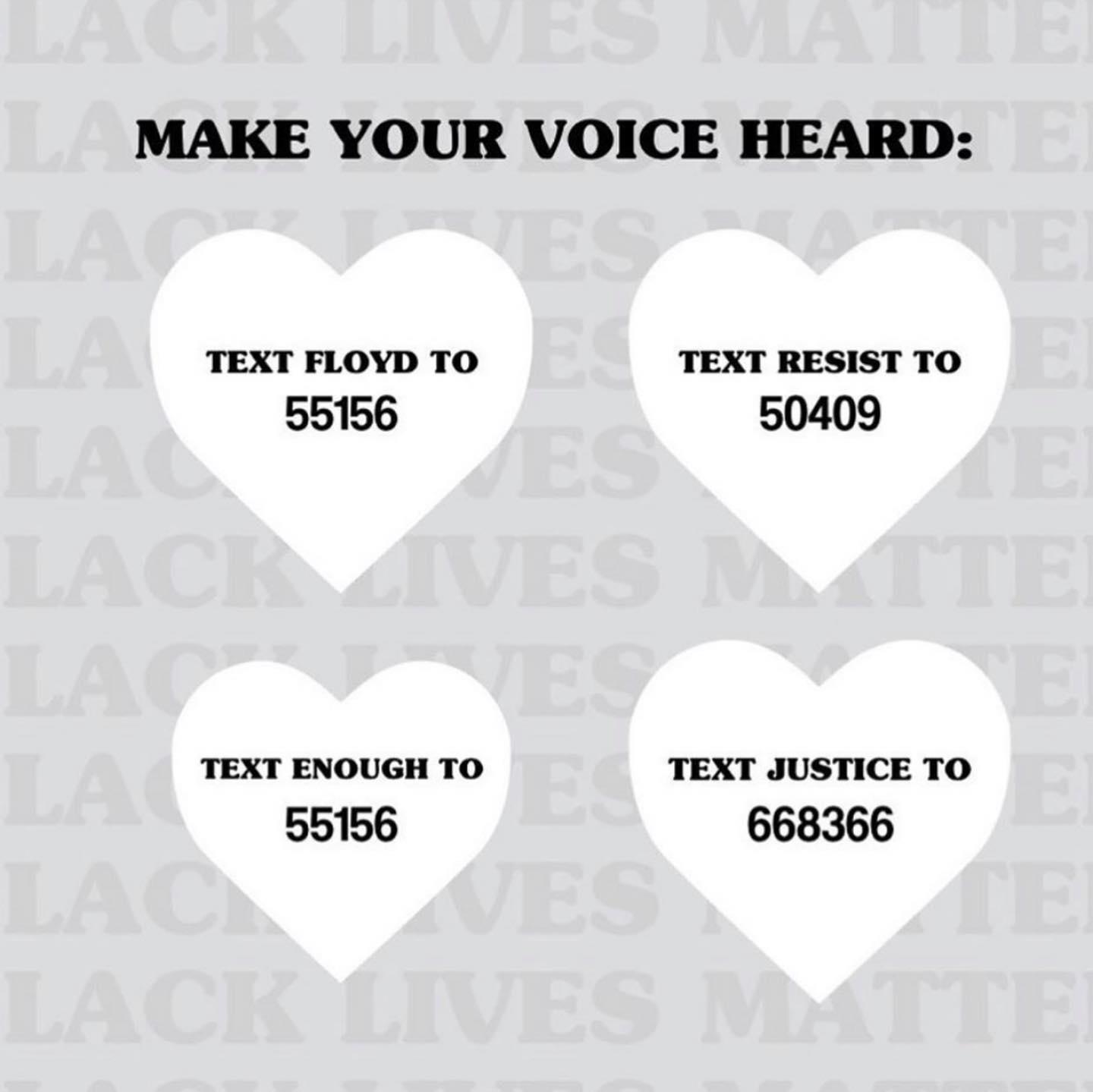 the image contains a message encouraging people to "make your voice heard." it features four white heart shapes with instructions to text specific keywords ("floyd", "resist", "enough", and "justice") to corresponding short codes (55156, 50409, 55156, and 668366). the background displays "black lives matter."