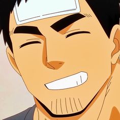 this is a close up illustration of a man with short, dark hair and a small goatee smiling. he has a white bandage on his forehead. the art style appears to be anime or manga.  the lighting is soft and the overall palette is warm.