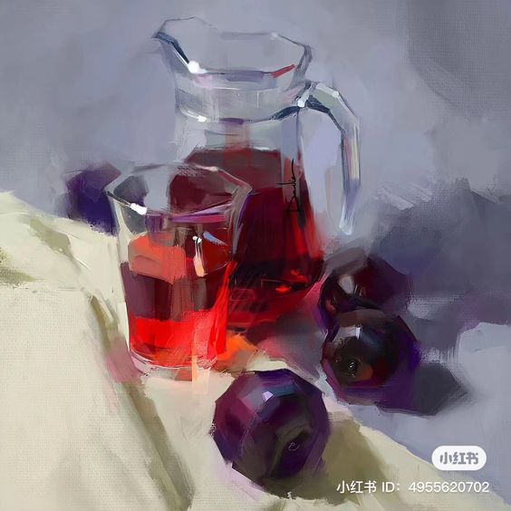 the image is a painting of a still life. there is a glass pitcher filled with a red liquid and a matching glass partially filled with the same liquid. there are three plums, two in the background slightly out of focus and one in the foreground in focus. the items are arranged on a white cloth. the background is a muted purple tone.