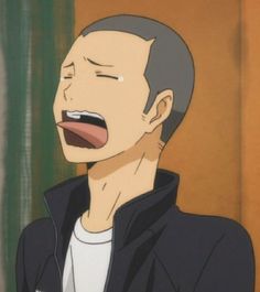 an anime character with a shaved head is shown from the chest up. he is crying with his mouth open and tongue out. his eyes are closed tight and his eyebrows are furrowed. he appears to be wearing a black jacket over a white tshirt. he is lightskinned. the background is a warm yelloworange color.