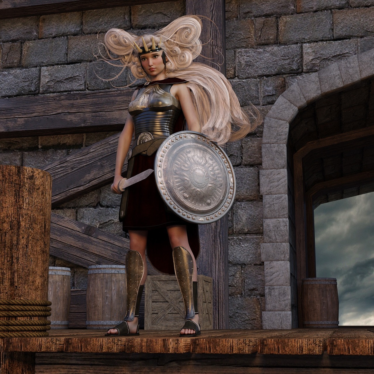 a woman dressed as a warrior stands on a wooden platform with a shield and sword. she has blonde hair and wears a crown, armor, and leg armor. the background includes a stone castle and an overcast sky. barrels and wooden planks are also present.