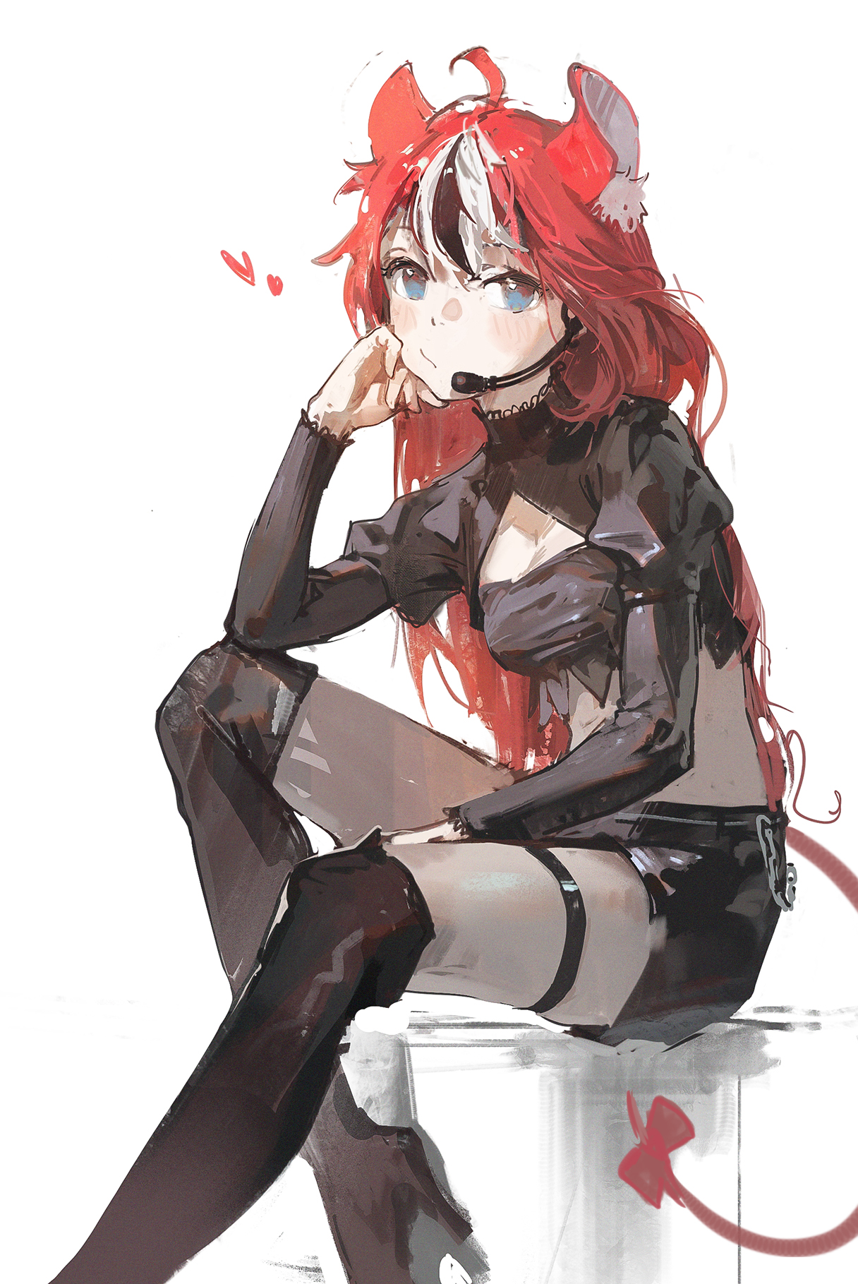 this is a digital art piece of a young anime girl sitting down with her knees bent and arms crossed. she has red hair with horns, a black outfit with a tail and black thighhighs. she is shyly looking to the side. the background is white with a heart in the upper left corner.