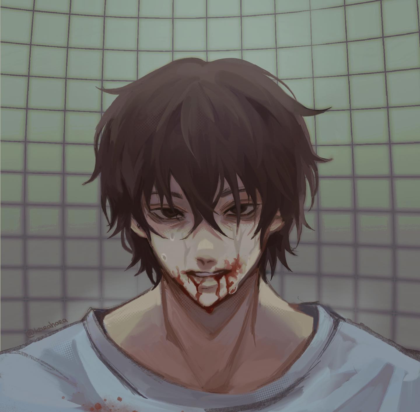 the image is a digital painting or illustration in a style reminiscent of anime or manga. it depicts a young man with short brown hair, wearing a light blue hospital gown. his face is covered in blood, indicating injuries and he appears to be crying. the background is a simple, muted green tiled wall, adding to the somber and somewhat melancholic mood. the overall style leans toward a realistic interpretation of anime aesthetics, focusing on the emotional expression of the character's distress.