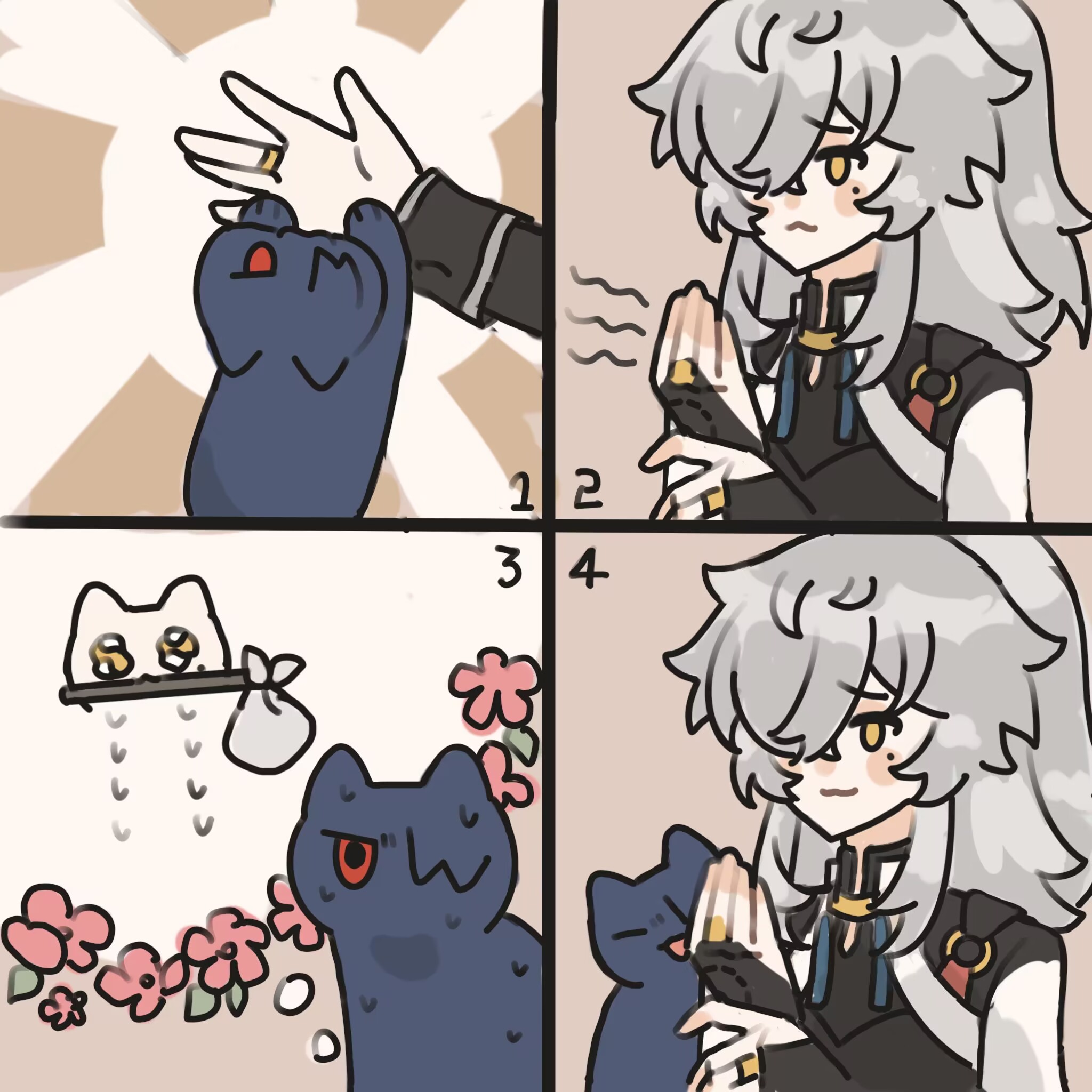 the image is a comic strip with four panels showing a girl with white hair interacting with a cat. in the first panel, the girl is reaching down to pick up the cat. the second panel shows the girl clapping her hands together as the cat looks up at her. in the third panel, the cat is hanging upside down from a branch, and the girl is looking at it. in the fourth panel, the girl is reaching down to pet the cat, which is looking up at her. there are also some pink flowers in the third panel. the background is white with black outlines.
