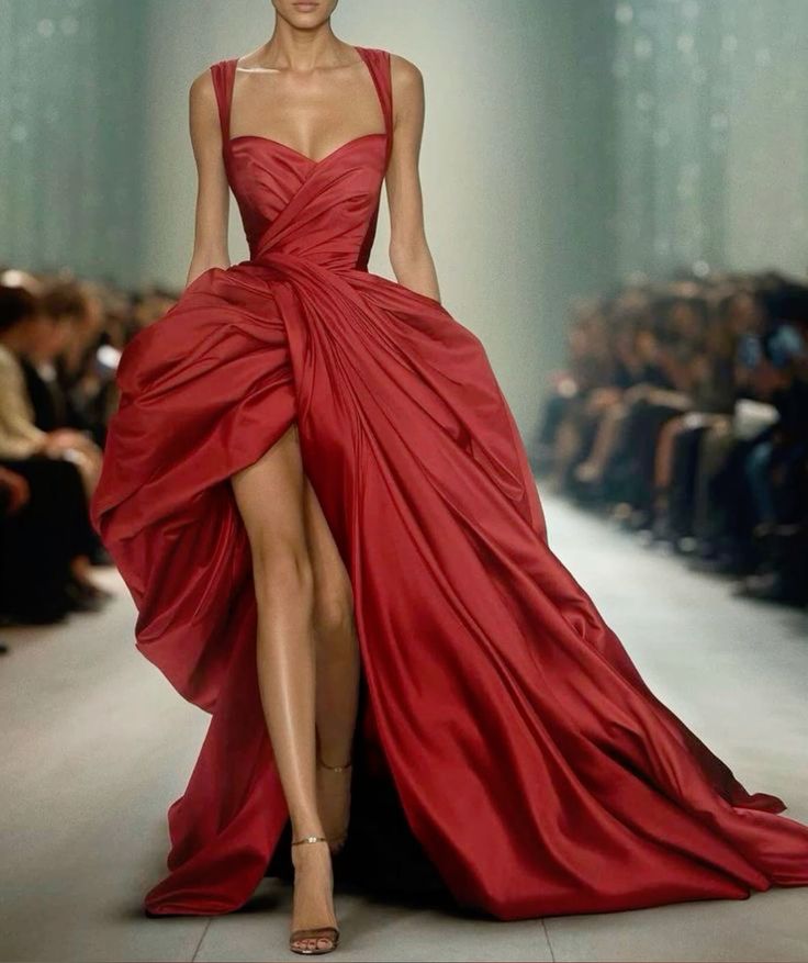 a fashion model walks the runway in a stunning red gown. the dress has a sweetheart neckline and a thighhigh slit, showcasing the model's long legs. the fabric is silky and flowing, creating a dramatic silhouette. the model's hair is styled in a sleek updo and she is wearing minimal makeup, allowing the dress to be the center of attention. the runway is lit with soft lighting, creating a glamorous atmosphere. this is a highfashion editorial image that celebrates the beauty and artistry of haute couture.