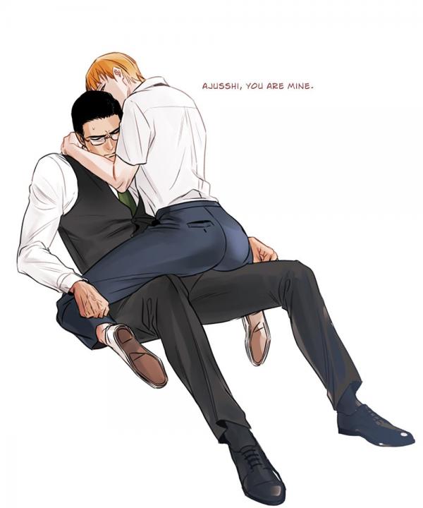 the image is a drawing or artwork in an anime/manga style depicting two men in a close, intimate embrace. one man, seemingly younger, is sitting on the lap of the other, older man.  the younger man has his arms around the older man's neck, and the older man's arms are around the younger man's waist.  they are dressed in business attire – the older man in a dark suit and the younger man in a white shirt and dark pants.  the background is plain white with the text "ajusshi, you are mine." written in a delicate font. the overall mood is romantic and suggestive. the style of the artwork is clean and detailed, with soft shading and coloring.