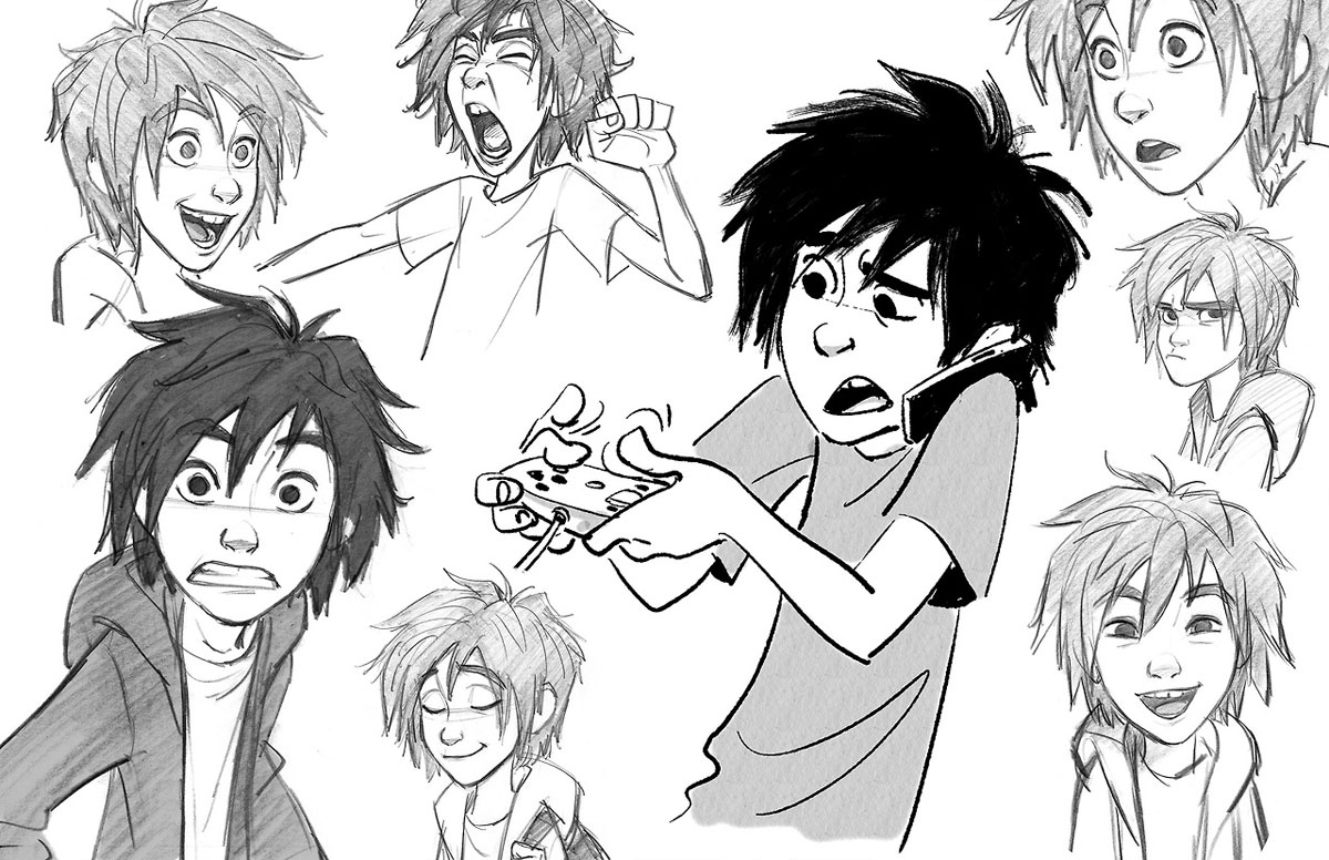 nine pencil sketches of hiro hamada, the main character from disney's big hero 6, showing various expressions and poses.