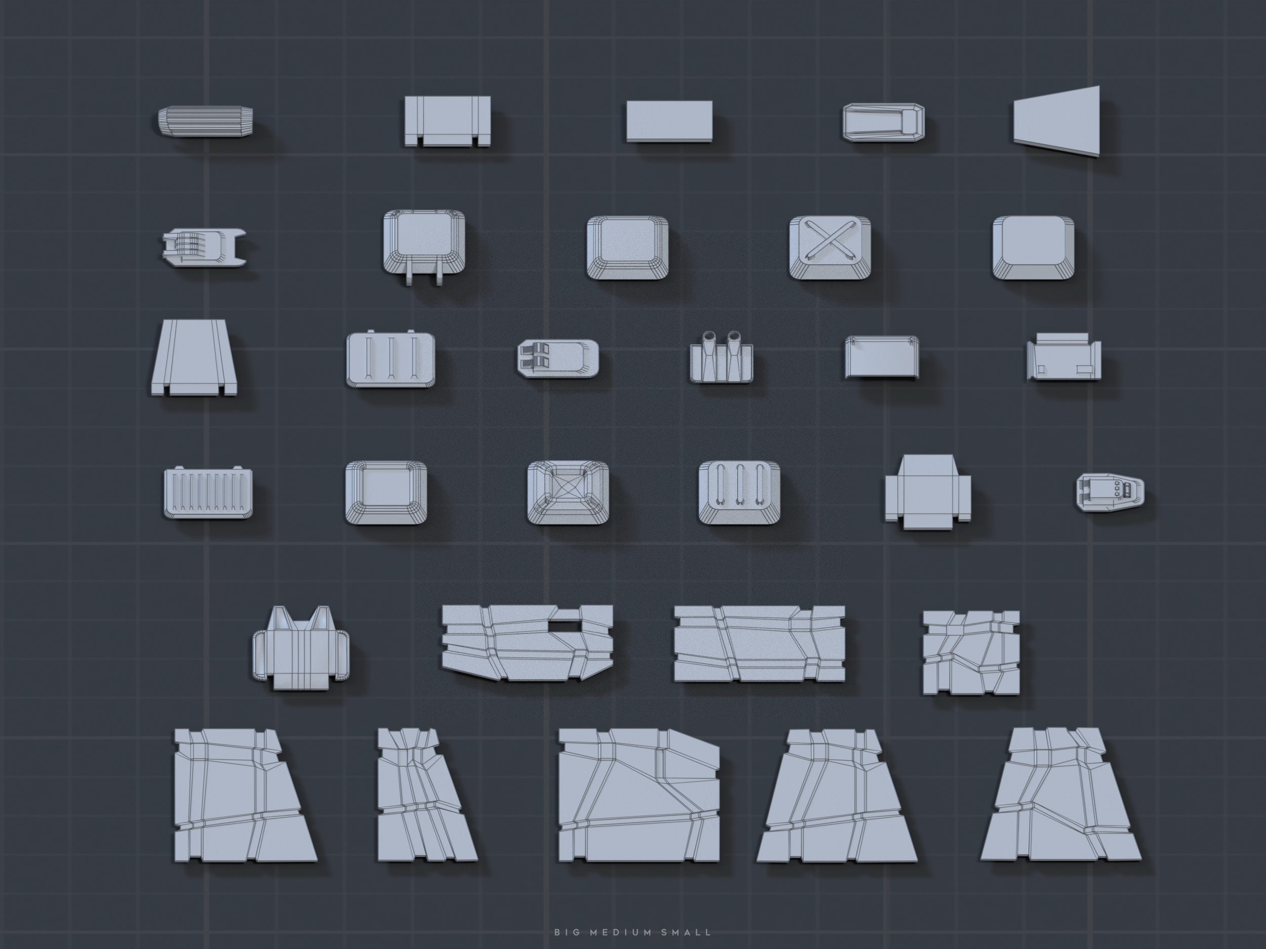 the image displays a gridbased arrangement of various isometric 3d models resembling building blocks or urban infrastructure components. the models are rendered in a light gray, wireframe style against a dark gray background.  each model is distinct, representing different shapes and sizes. the overall impression is of a technical drawing or blueprint showcasing a range of modular elements. the bottom of the image contains the text "big medium small", suggesting the relative scale of the different shapes.