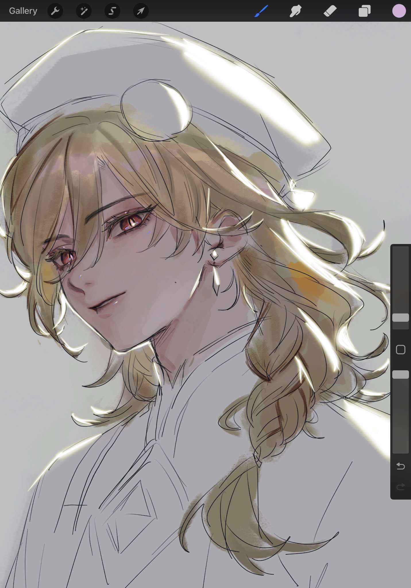 the image is a digital illustration of an anime character. the character is a young man with long, flowing blonde hair that is braided. he is wearing a white shirt and a white cap. the image is drawn in a soft, gentle style with muted colors. the character's eyes are a soft red, and he has a gentle smile. his earring is a delicate gold chain. the image is a beautiful and elegant depiction of the character.