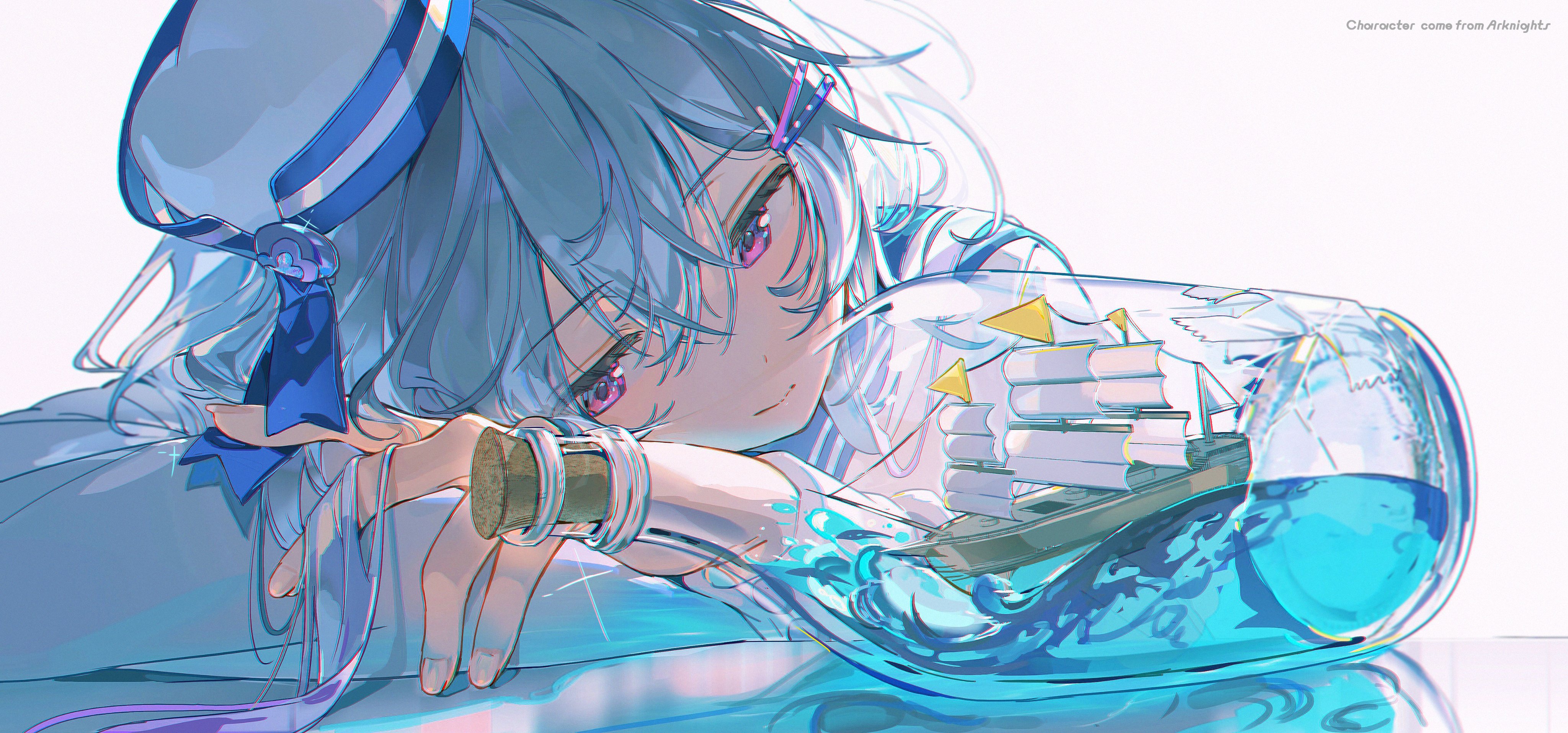 the image features a young anime girl with flowing blue hair and striking purple eyes. she wears a sailorstyle hat with a blue ribbon. her gaze rests softly upon a large, intricately crafted ship in a bottle clutched gently in her hand. the bottle, filled with a vibrant blue liquid, dominates the composition, its glassy surface reflecting the ambient light. the girl's serene expression and the dreamlike quality of the artwork evoke a sense of wistful contemplation.