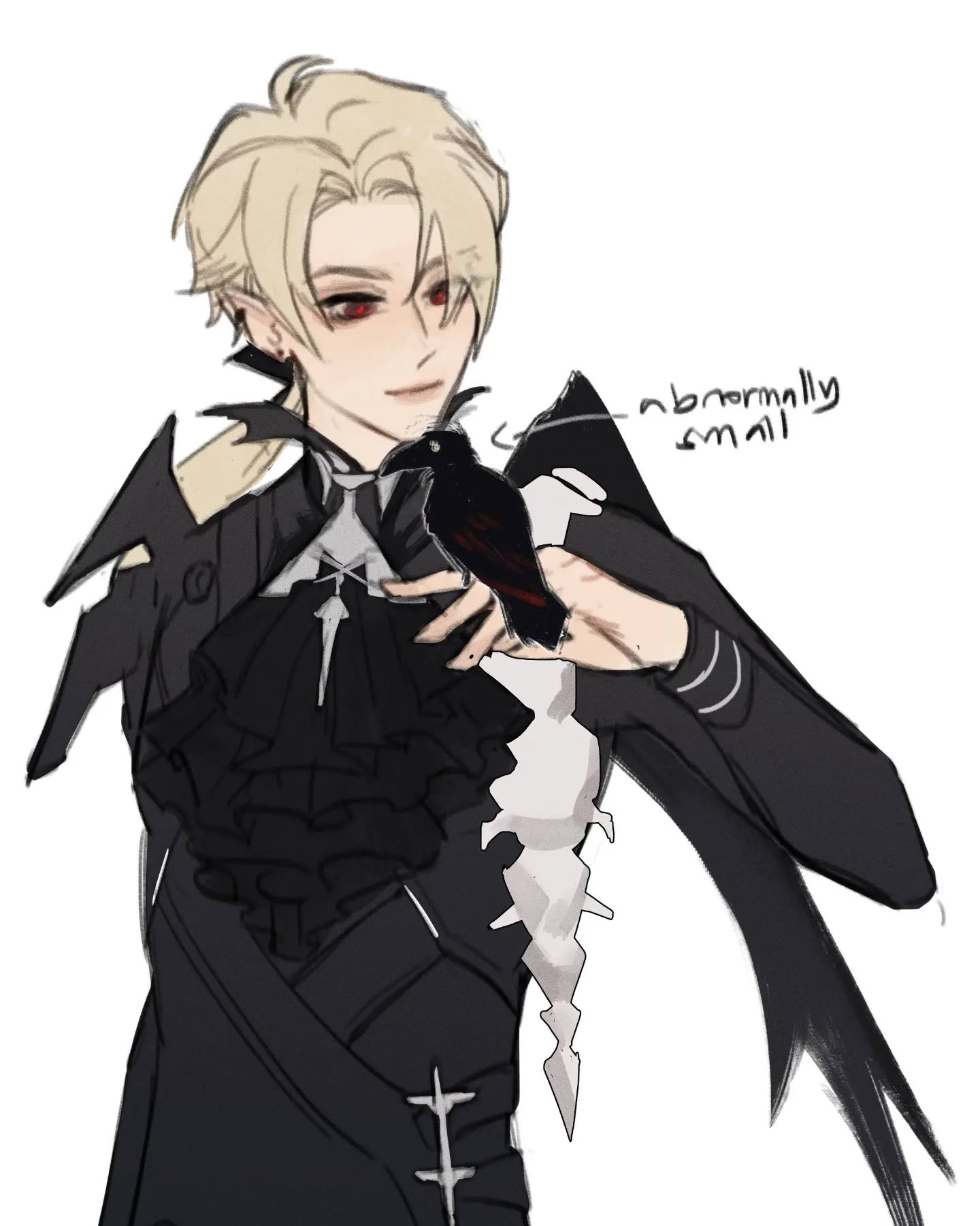the image is a digital fanart depicting a stylized male anime character with long blond hair, red eyes, and pointed ears. he's dressed in elaborate black gothicstyle clothing with frills and detailing. he's holding a small, darkcolored bird, possibly a crow or raven, in his hands. the bird is labeled as "abnormally small". the art style is clean and slightly sketchy, typical of online fanart, with a focus on character design and a dark aesthetic. the background is plain white, making the character stand out.