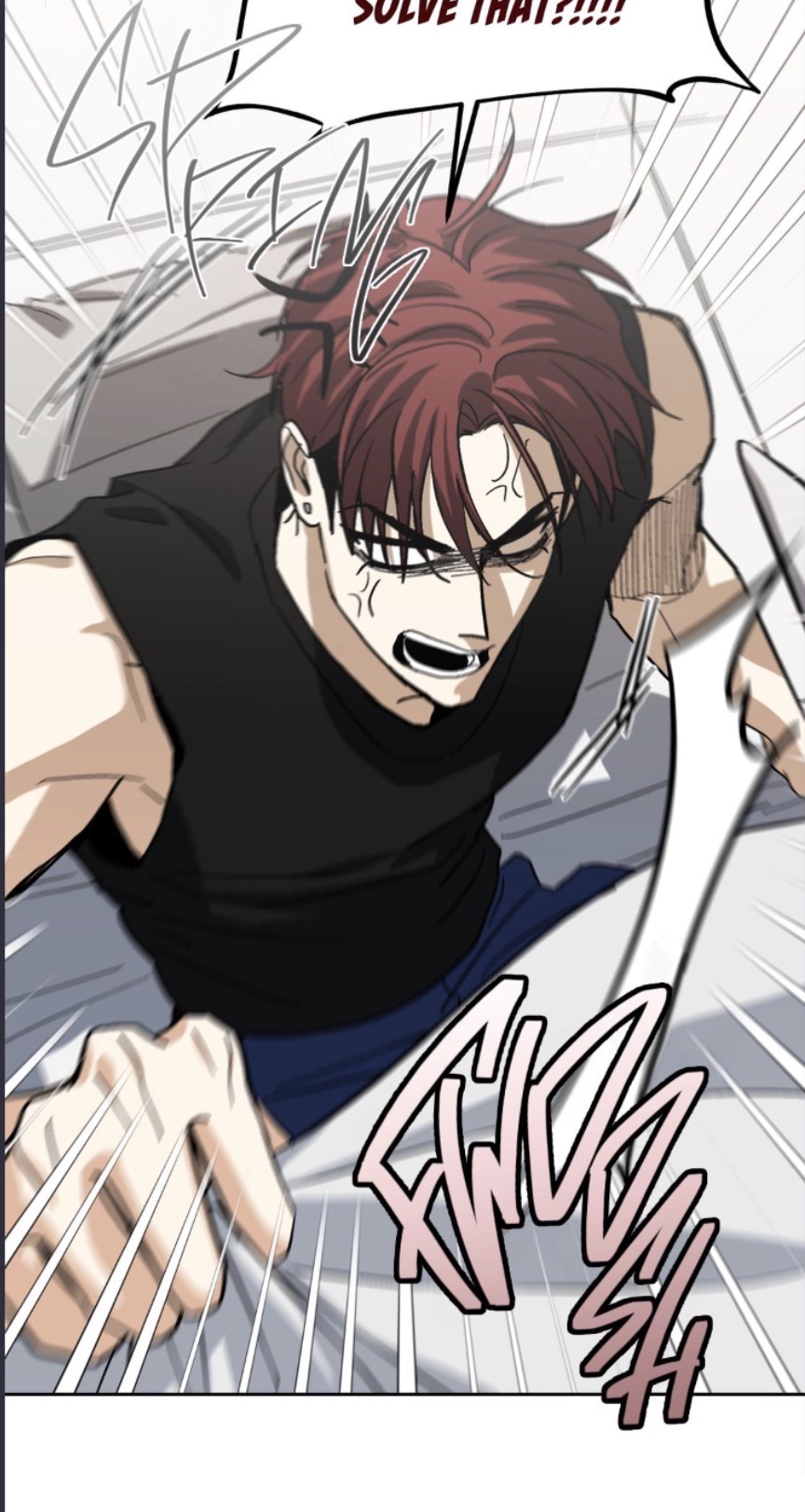 the image shows a closeup of an angry man with red hair and glasses, wearing a black shirt. he appears to be in the midst of a struggle or fight, his face contorted in exertion.  the art style is reminiscent of a comic or manga, with dynamic lines and onomatopoeia suggesting movement and impact. the overall mood is intense and actionpacked.
