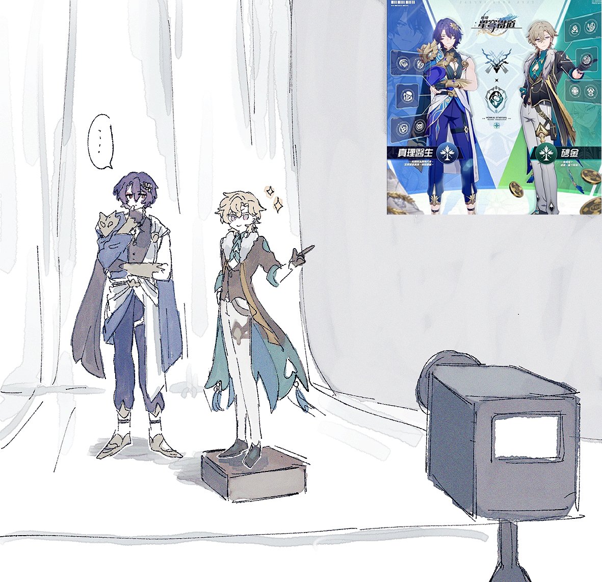 he image is a fan art drawing featuring alhaitham and scaramouche from the game genshin impact.  the drawing is done in a soft, sketchy style. alhaitham and scaramouche are depicted in chibi form, posed as if they are participating in a photoshoot.  alhaitham is holding a small creature, while scaramouche strikes a more dramatic pose. a video camera is present, implying the scene is a photo or video shoot. a poster of alhaitham and scaramouche's official ingame designs is visible in the background. the overall setting is simple and light, focusing attention on the characters.